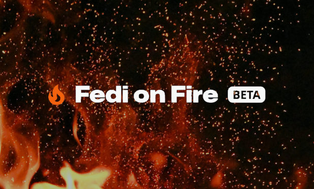 Fedi on Fire Beta logo and flames in the backdrop