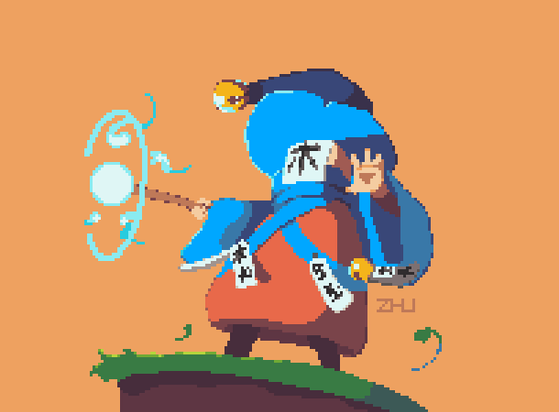 Pixel art of a mage ready to shoot a magic projectile from their wand. On their face, a talisman reading "木", tree in Japanese