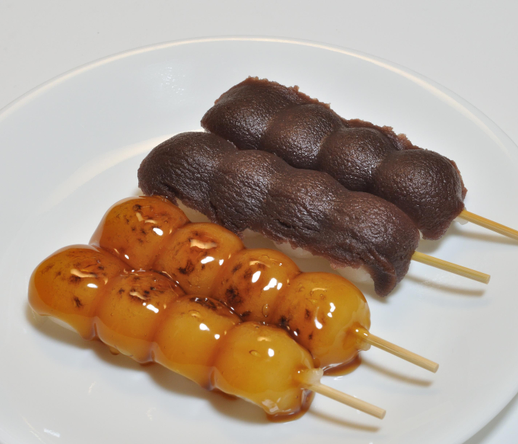 Mitarashi dango...here you see that there is a variety of ways to finish them (the bottom two are covered in a traditional sauce, whereas the top two are covered in sweet bean jam).