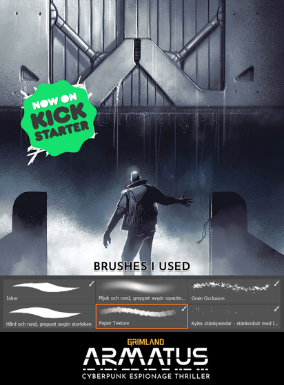 Image from the graphic novel showing what brushes I use for the comic
