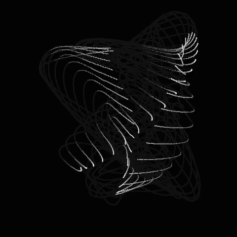 a gif loop of some 50 white particles with trails on a black baground, they swirl based on OpenSimplex Noise.