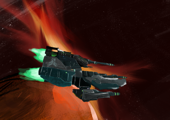 A digital drawing of a grey and teal "Ghost" spaceship floating through space, based closely on a Galaxy on Fire 2 screenshot. There's a red and brown planet and a light red nebula visible in the background...