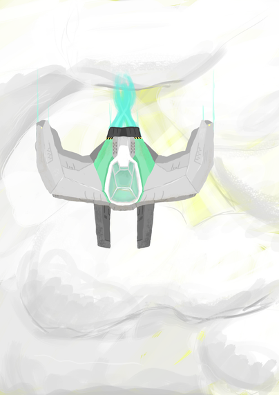 Digital drawing of a small fighter or racing spaceship shaped like the letter "W" with two long darker parts sticking out the front. The ship is light grey with a pastel green paint near the cockpit. The primary thruster is leaving behind an intertwined cyan trail. The ship is flying above dense clouds, with yellow bits visible below.