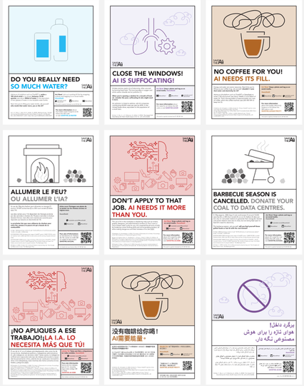 A 3x3 grid of #SaveTheAI posters on the themes of water, air, electricity, jobs, and coal. Five in English, one each in French, Spanish, Mandarin, and Arabic. Other languages not shown here.