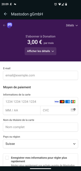 Page ou l'on rentre ses coordonnées bancaires pour faire un don par carte de credit