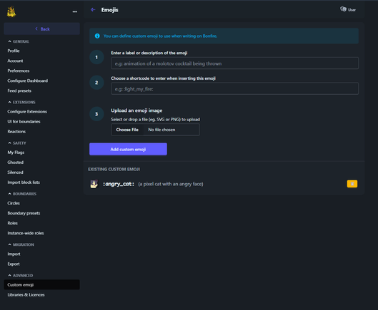 The image shows a user interface for adding custom emojis, including fields for labeling the emoji, choosing a shortcut, and uploading an image. There is also a section displaying existing custom emojis.