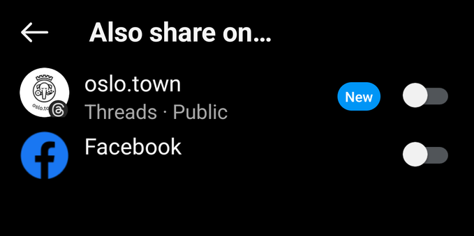 A screenshot from Instagram (which I specifically had to install to check to see if this was the case) showing the option buried away in the publish settings which reads "also shared on..." and the available options are Threads and Facebook.