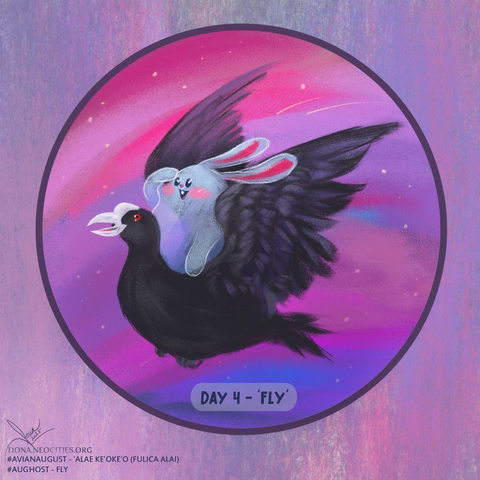 Digital art mimicking soft pastels. Happy ghost bunny is carried by the Hawaiian coot, both smiling as they soar through the pink skies.