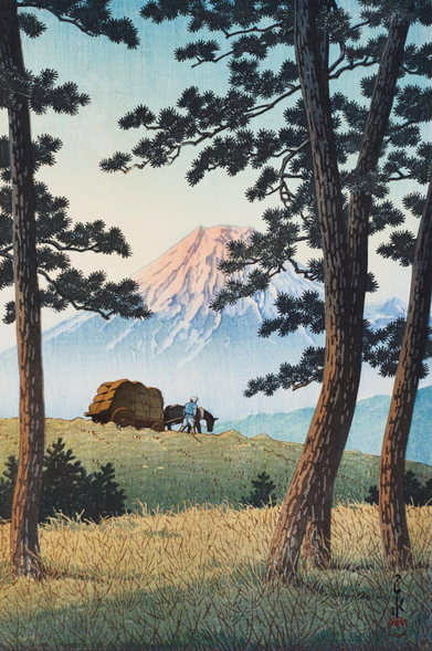 In the foreground, a figure leads a horse and cart loaded with cargo over hilly terrain covered in short dry grasses and wiry pine trees. In the distance beyond, the early dusk has turned the snowy cap of Mount Fuji a soft coral pink; above, the sky is still a pale blue.