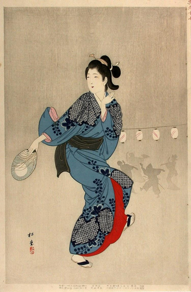 Woodblock print of a woman in kimono dancing at Bon Odori.

Image thanks🙇‍♂️ - https://ukiyo-e.org