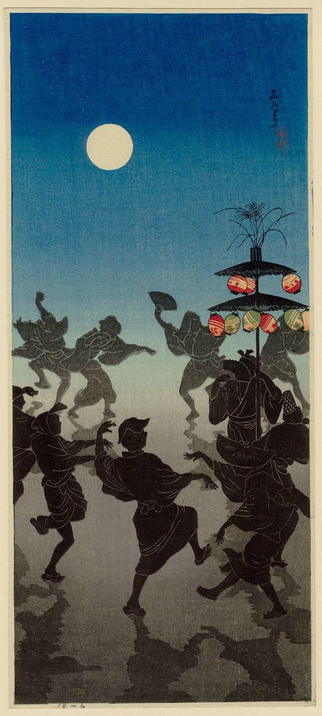 Woodblock print of silhouetted dancers in summer kimono.

Image thanks🙇‍♂️ - https://ukiyo-e.org
