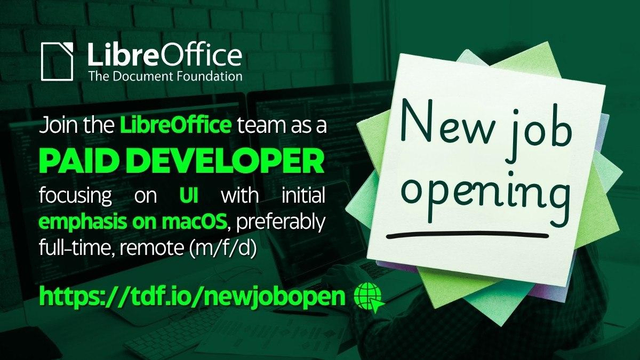 Banner saying to join the LibreOffice team as a paid developer, focusing on the UI, with an initial emphasis on macOS
