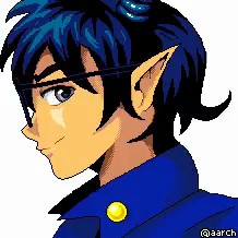 a pixel portrait from side view of a person with elf-like ears, short dark hair, black horns, glasses and a navy blue jacket. the character blinks.