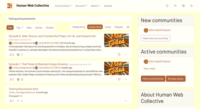 a screenshot of PieFed and an instance titled “Human Web Collective”