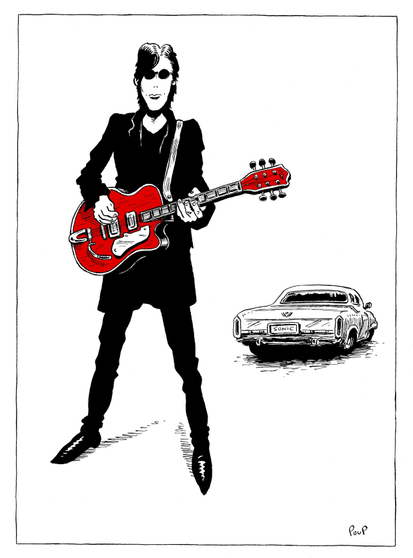 Un rocker, tout de noir vêtu, arbore fièrement une guitare électrique rouge. Derrière lui on aperçoit une  voiture américaine des années 70.


A rocker, dressed all in black, proudly displays a red electric guitar. Behind him, we see an American car from the 1970s.