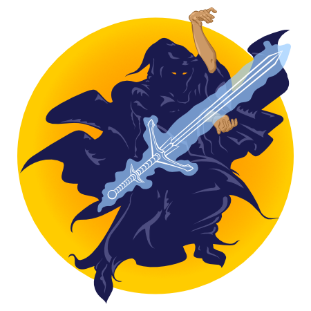 A ghostly, glowing greatsword suspended in midair before the waving, weaving arms of a figure in whirling indigo robes.