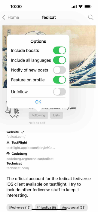 screenshot of a followed account profile showing follow options including feature on profile