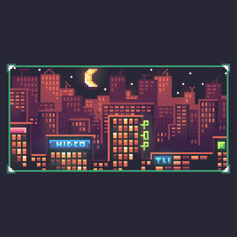 "Neon Glow", a relatively small pixel art piece depicting a nighttime city skyline with some billboards and many illuminated windows.

The colours are warm and glowy, and there is a green border framing the image.