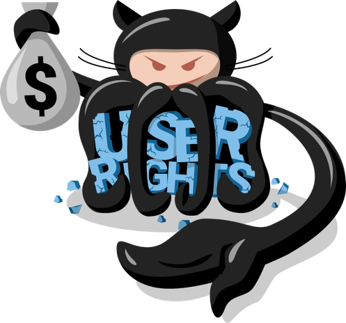 GitHub so-called “Octocat” logo/mascot holds in one tentacle holds 💰. Six other tentacles form a cage for the words “USER RIGHTS” — which are set in blue stone but are crumbling under the force of the tentacles. The final tentacle reaches out with an open palm — presuambly to collect even more rights & money from its users.