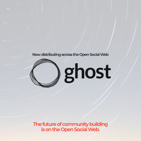 A time-lapse of the night sky provides a background to the text which reads: Now distributing across the Open Social Web. Ghost. The future of community building is on the Open Social Web. 