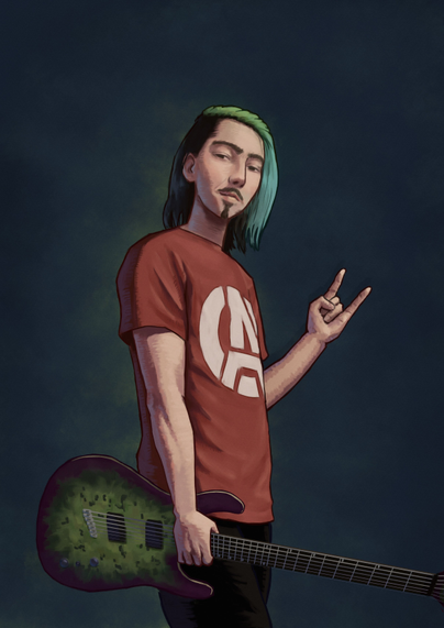 Digital painting of a white guy with shoulder-length dark hair partially dyed turquoise, thick eyebrows, and a goatee and mustache for facial hair. They're wearing a red t-shirt with a circled "A" on it, holding an electric guitar, and making the devil horns sign with their free hand.