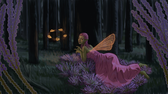 Digital painting of a green-skinned fairy with purple braided hair and a long pink dress. She's lying on a bush of heathers in a moonlit forest, looking at a group of magical glowing moths with a playful expression. She has wings that resemble those of the moths.