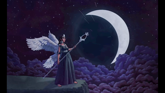 Animated digital painting of a woman in a long blue dress standing on a mountain cliff, surrounded by clouds and lit by a crescent moon. She has two pairs of wings on her back and points a staff towards the moon. Glowing particles stream from the moon to the staff, slowly filling it with light.