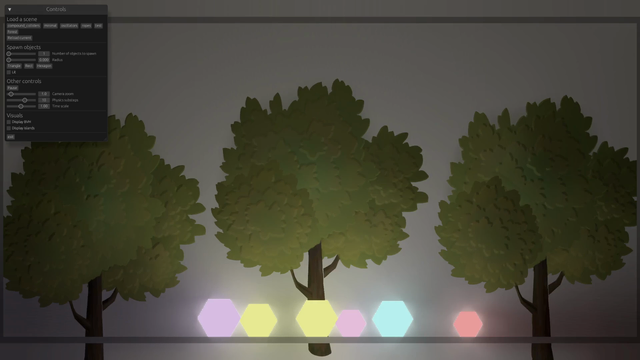 Video recording of a game engine test scene. There are glowing colored 2D hexagons on the floor casting light on trees swaying in the background. More colored hexagons fall on top, this time made of a translucent material, and the light gets filtered through their colors.
