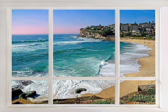 My photograph of a serene beach scene at Bronte Beach, Sydney, NSW, Australia is framed by an off white window frame with multiple panes, offering viewers a vista of rolling waves reaching a sandy shore. The ocean's turquoise hues contrast with the pastel pink and blue of the sky early morning, while coastal homes perch on the cliff in the background.

Adding a window framed image to your wall can create a sense of depth, interest, light and openness to a room, especially a room where there are not many ..... or no windows.

For my Window Art images such as this one, I would recommend a Canvas or Metal Print. Should you wish the color of the frame altered to match your decor, please email me.

By Kaye Menner Photography
https://kaye-menner.pixels.com/featured/beach-window-view-from-your-living-room-by-kaye-menner-kaye-menner.html

THE FINE ART AMERICA LOGO WILL NOT APPEAR ON PURCHASED PRINTS OR PRODUCTS.