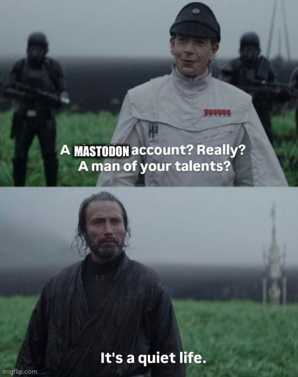 Meme en dos paneles. Capturas de ROUGE ONE.
Panel 1: Krennik pregunta "¿una cuenta de Mastodon? ¿En serio? ¿Un hombre de tu talento?"
Panel 2: Galen Erso responde: "es una vida tranquila."