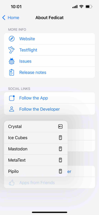 screenshot of an about screen with a menu of friends apps