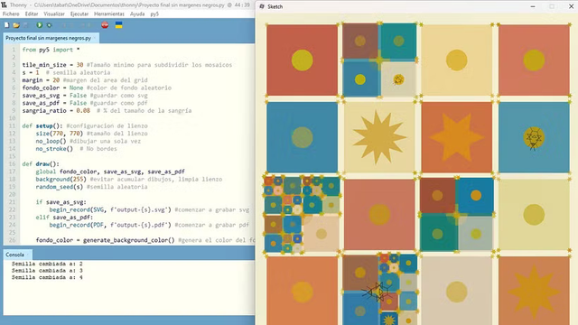 Patial view of Thonny IDE with Python code and a window with a recursive grid os squares containd circles, stars and other small elements.