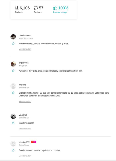Screen capture of the course page showing on top:
6,106 students 57 Reviews 100% positive ratings
[showing some testimonials below]