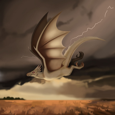 A dragon flying in front of a lighting bolt, looking worried. Digitally drawn.