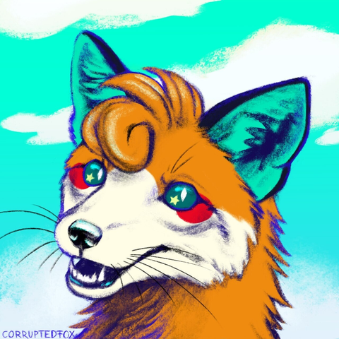 Brightly coloured fox looking at the viewer. She is orange and beige coloured in front of a blue background with clouds. Digitally drawn.