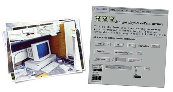 A screenshot of two side by side images - the first is a picture of a 90s style computer under a desk covered in papers. The second is a grey 90s style webpage of xxx.lanl.gov, arXiv's original URL with three skull and crossbones in place of the Xs.