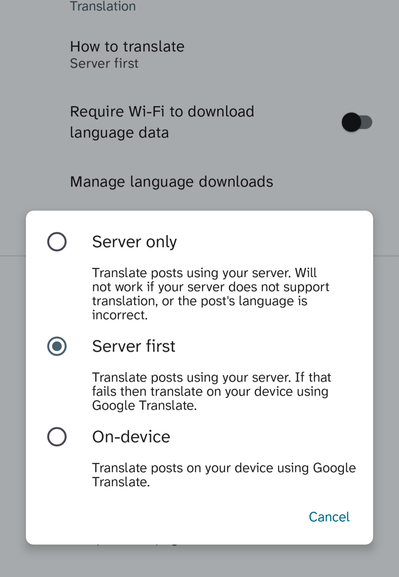 Preferences UI for the new feature. You can choose to always translate using the server (current behaviour), use the server, falling back to on-device translation if the server returns an error, or always use on-device translation.
