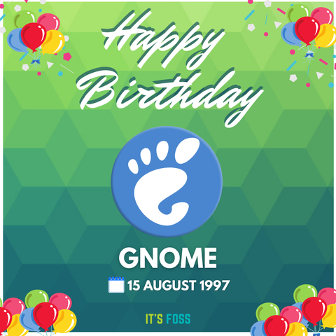 Happy Birthday, GNOME, 15 August 1997. There are balloons in the corners of this image.