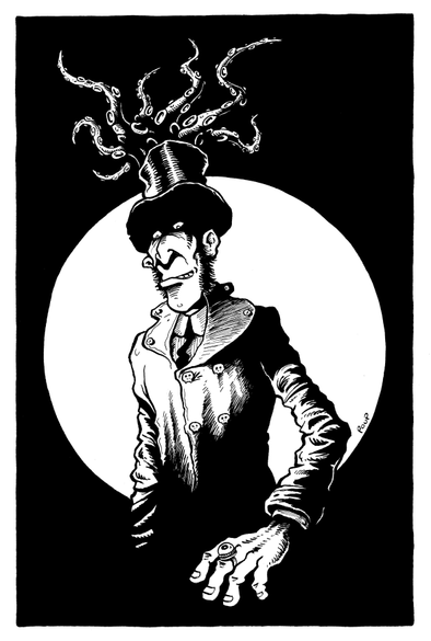 Un personnage aux allures rétrofuturistes  nous regarde avec un air démoniaque. Il porte à son doigt une bague en forme d'oeil. Son chapeau haut de forme laisse s'échapper des tentacules menaçantes.

A retrofuturistic-looking character stares at us with a demonic expression. He wears an eye-shaped ring on his finger. Menacing tentacles protrude from his top hat.
