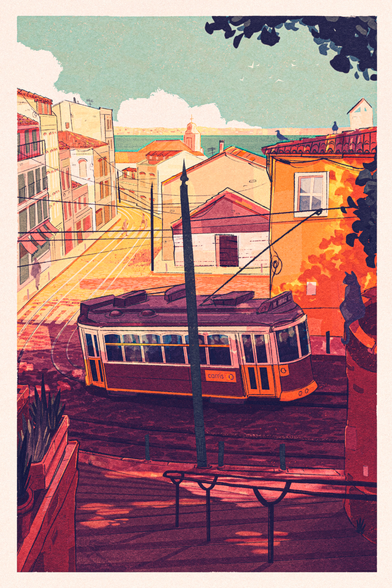 Illustration of a vintage tram winding a street in Lisbon. Lots of colorful lighting and shadows. there's a cat sitting on the railing to the right observing the scene