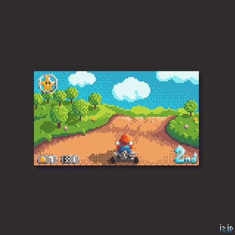 A pixel art demake of a popular video game. We see a plumber with a red hat and blue overalls on a small metal kart, driving on a dirt road through rolling green hills with some trees on them.

There is pixel art UI, like a yellow star in the top left, and a position indicator in the bottom right. The colours are bright and warm.

The pixel art piece is sitting in front of a dark grey background.