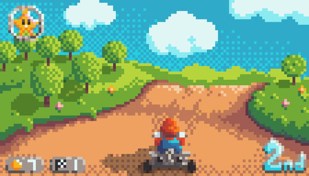 A pixel art demake of a popular video game. We see a plumber with a red hat and blue overalls on a small metal kart, driving on a dirt road through rolling green hills with some trees on them.

There is pixel art UI, like a yellow star in the top left, and a position indicator in the bottom right. The colours are bright and warm.