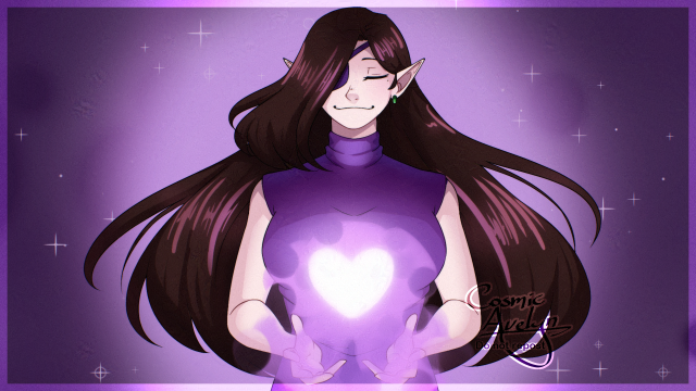 Digital waist-up drawing of my OC/persona Avelyn. She is facing the viewer, smiling serenely with her eyes closed as she conjures magic in the shape of a glowing heart. 