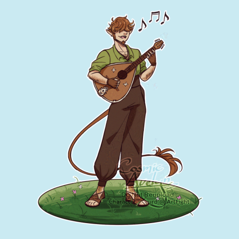 Digital fullbody drawing of Flavian, a half-imp character owned by vurd on Artfight.net. He is standing in a grassy patch, playing his mandolin and singing a tune.