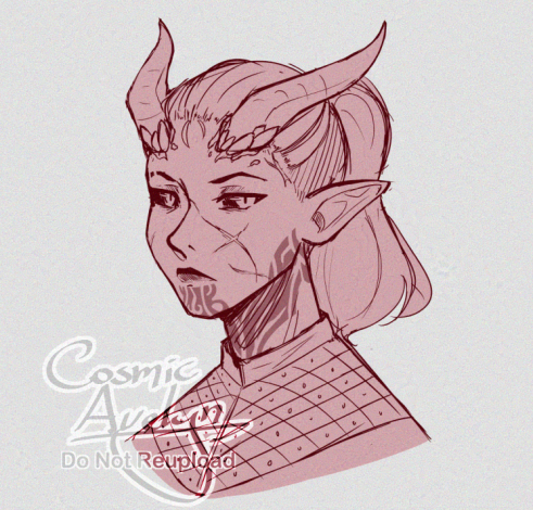 Digital bust sketch of my tiefling OC Kallith. They are facing slightly to the left, glancing at the viewer with an expression of apparent exhaustion or disdain.