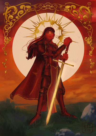An illustration of my OC Celdervinn as a Knight. Shes standing on grass in front of the sunset which is giving her a strong silhouette to her proud pose. Shes resting her hands on a Zweihänder which is glowing like gold. There is a decorative frame on the top part of the painting. The colours are mostly reds, grey greens and yellow/gold.