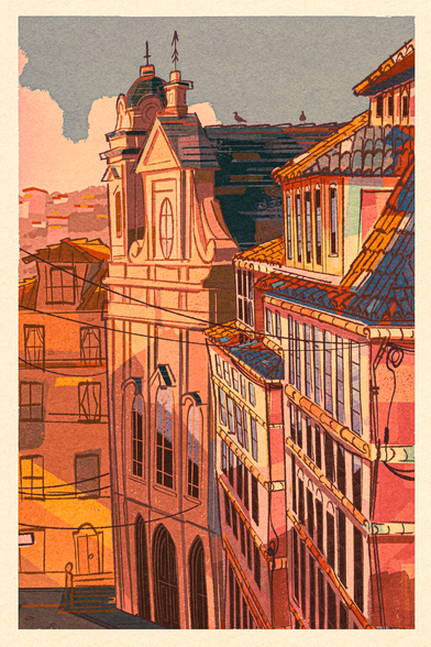 Very stylized illustration of some stately buildings in Portugal. There's terracotta tiled roofs and what looks like a cathedral. Lots of vibrant colors and lighting.