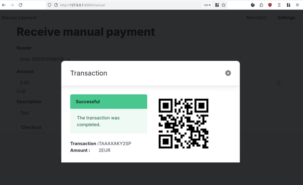 Screenshot of Pumus, showing a dialog telling that:

Successful

The transaction was completed.

and showing a QR code.