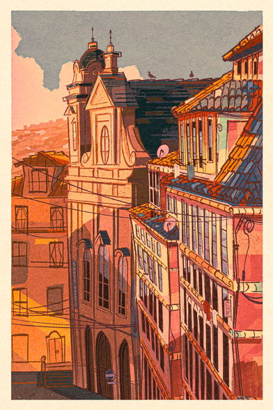 expressive, stylized illustration of some buildings in lisbon. there's a building with colorful tiles on the roof and a cathedral behind that. in the far background is a ridge with buildings and a castle barely visible in the distance.