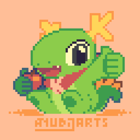 A Pixel Fanart of Konqi from KDE. He's sitting on the floor, giving a big thumbs up with one hand while holding an apple with the other hand.